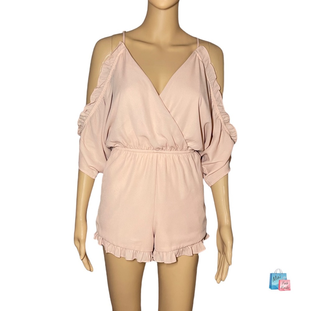 Gianna Bini Women’s Cold Shoulder V-neck Open Back Peach Ruffle Romper XS